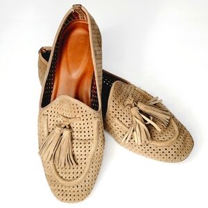Franco Sarto Loafer Shoe Women Size 8.5M Tassle Cutout Slip On Flats Beige